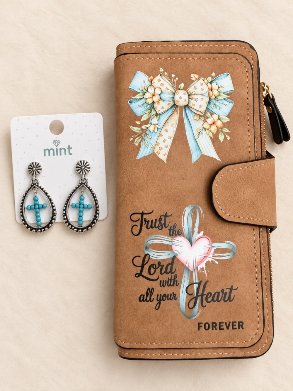 Faith Wallet & Turquoise-Tone Cross Earrings Set — Tan Floral Bow - NWOT
